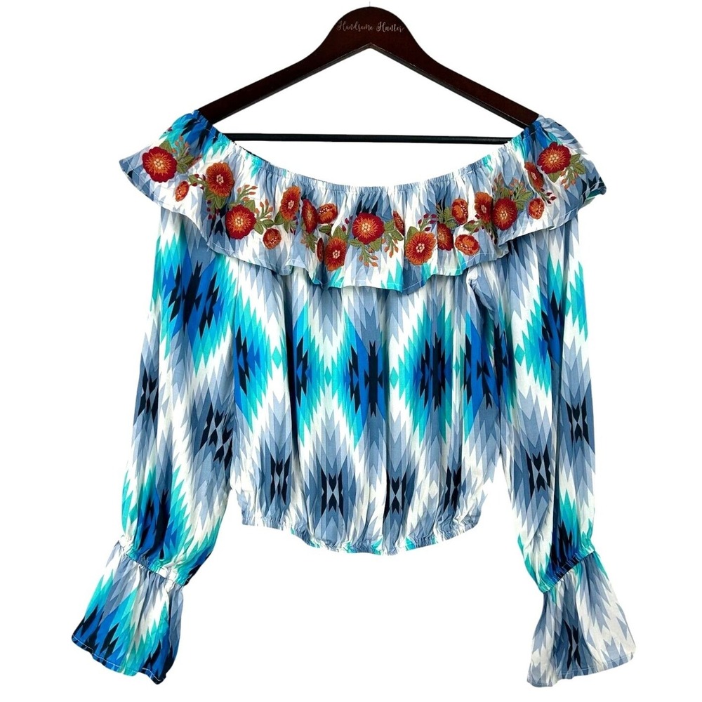 Savanna Jane Women Sz S Crop Top Floral Embroidered Blouse Off Shoulder Bohemian